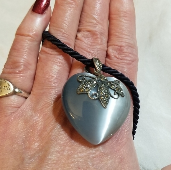 VTG Blue Cats Eye Quartz Marcasite Sterling Necklace - Picture 2 of 6